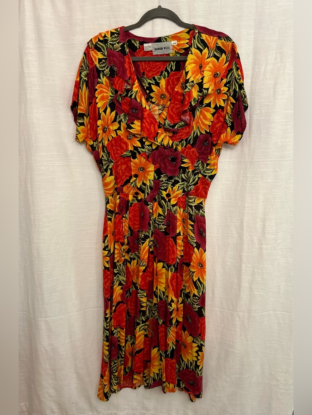 True Vintage‎ Circa 1980's Floral Midi Dress in Red & Yellow